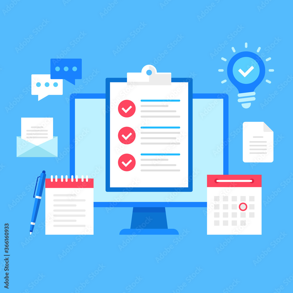Poster online survey. flat style design. vector illustration. computer with clipboard and checklist on scre