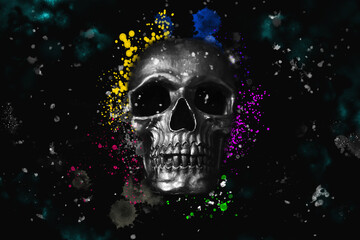 Black & white skull over an explosion of multicolor splatters looks like a colorful firework