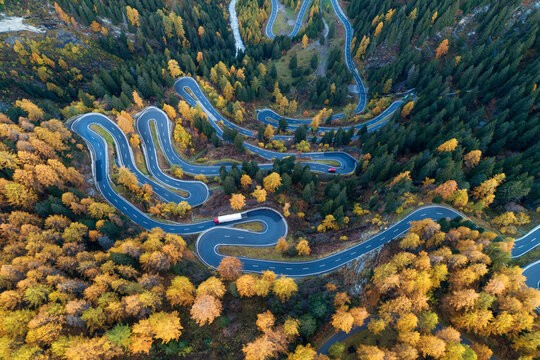Switzerland, Canton of Grisons, Saint Moritz, Drone view of Maloja Pass in autumn