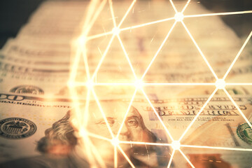 Multi exposure of social network drawing over us dollars bill background. Concept of people connection.