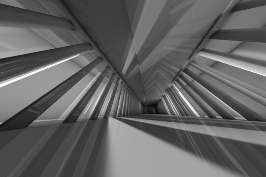 Three dimensional render of rows of columns along futuristic corridor