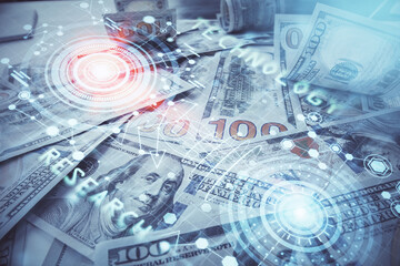 Double exposure of data theme drawing over us dollars bill background. Technology concept.