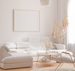 Mockup frame in interior background, room in light pastel colors, Scandinavian style, 3d render