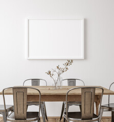 Mockup frame in farmhouse dining room interior, 3d render	
