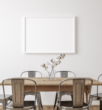 Mockup frame in farmhouse dining room interior, 3d render	