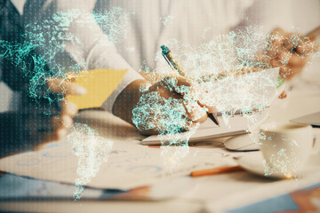 Double exposure of social network theme drawing over people taking notes background. Concept of human connection