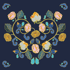 Vector royal baroque intarsia style floral illustration set, vintage design with hand drawn historic florals on dark blue background. Nature background. Surface pattern design.