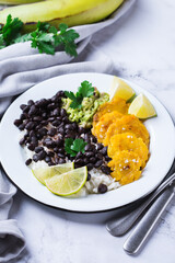 Rice with black beans, fried tostones, plantains, guacamole sauce
