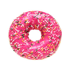 Pink donut isolated over white background with clipping path. Top view, copy space