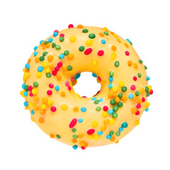 Yellow donut isolated over white background with clipping path. Top view, copy space