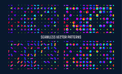 Seamless geometric 3d simple primitives vector background. 3d boxes, tubes, spheres and trianglex spin grid. Minimal background