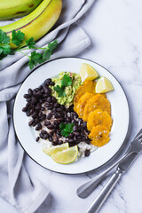Rice with black beans, fried tostones, plantains, guacamole sauce