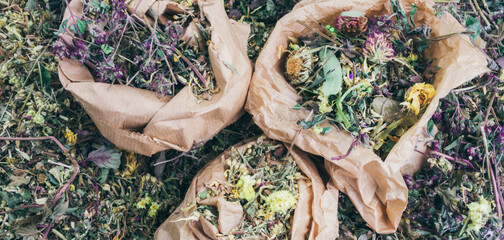 mix of healing herbs in paper zero waste bags