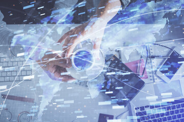 Double exposure of man and woman working together and data theme hologram drawing. Computer background. Top View.