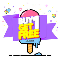 Buy 1 Get 1 Free, Summer Sale banner design template, discount tag, app icon, vector illustration