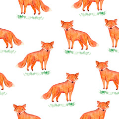 Cute vector watercolor seamless pattern with orange fox and green grass on white background. Funny hand drawn foxy texture for print design, wallpaper, kids textile, wrapping paper