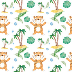 Seamless pattern with cute cartoon lions and tigers with palm and leaves. Hand drawn watercolor illustration white background