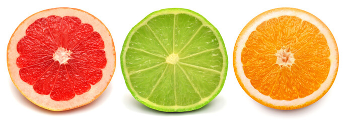 Collection half lime, grapefruit, orange isolated on white background. Creative healthy food concept. Nature, juice. Flat lay, top view