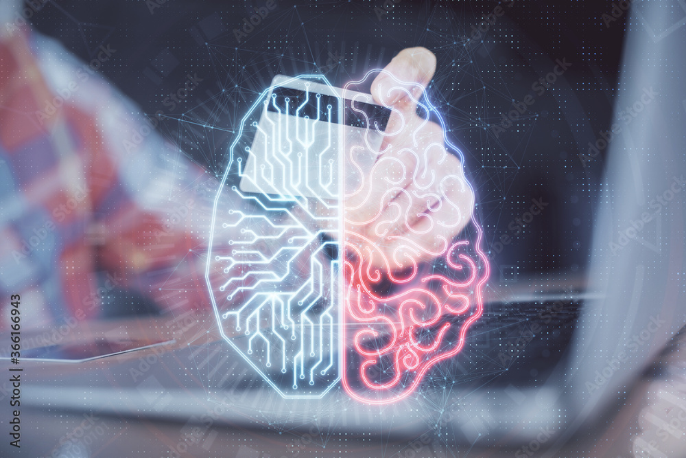 Aufkleber double exposure of man hands typing on computer with credit card and brain theme drawing. e-commerce