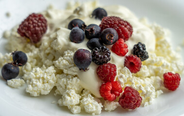 delicious grainy cottage cheese with cream and top sprinkled with a variety of forest berries