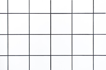 Closeup shot of small white square tiles with black grout lines, close up of tiled bathroom wall as...