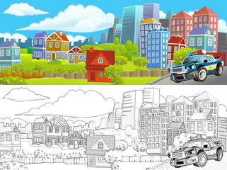 Naklejka premium cartoon scene with sketch of the middle of a city with car