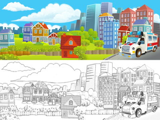 Naklejka premium cartoon scene with sketch of the middle of a city with car