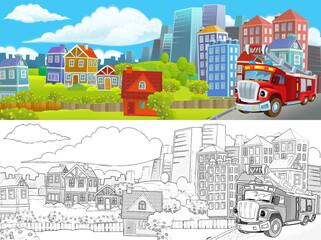 cartoon scene with sketch of the middle of a city with car