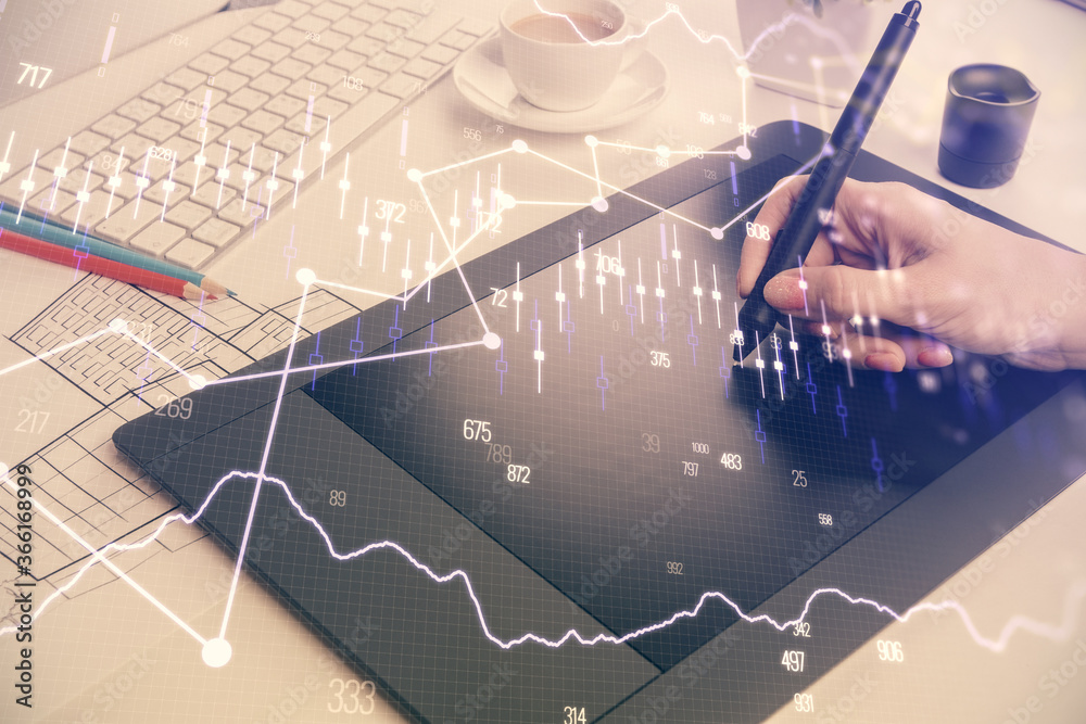 Aufkleber double exposure of financial graph sketch hologram and woman holding and using a mobile device. stoc