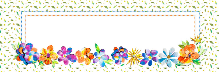 Summer happy watercolor painted paper-cut flowers border frame illustration. Website horizontal banner leader board social network group profile header image with free blank copy space for text