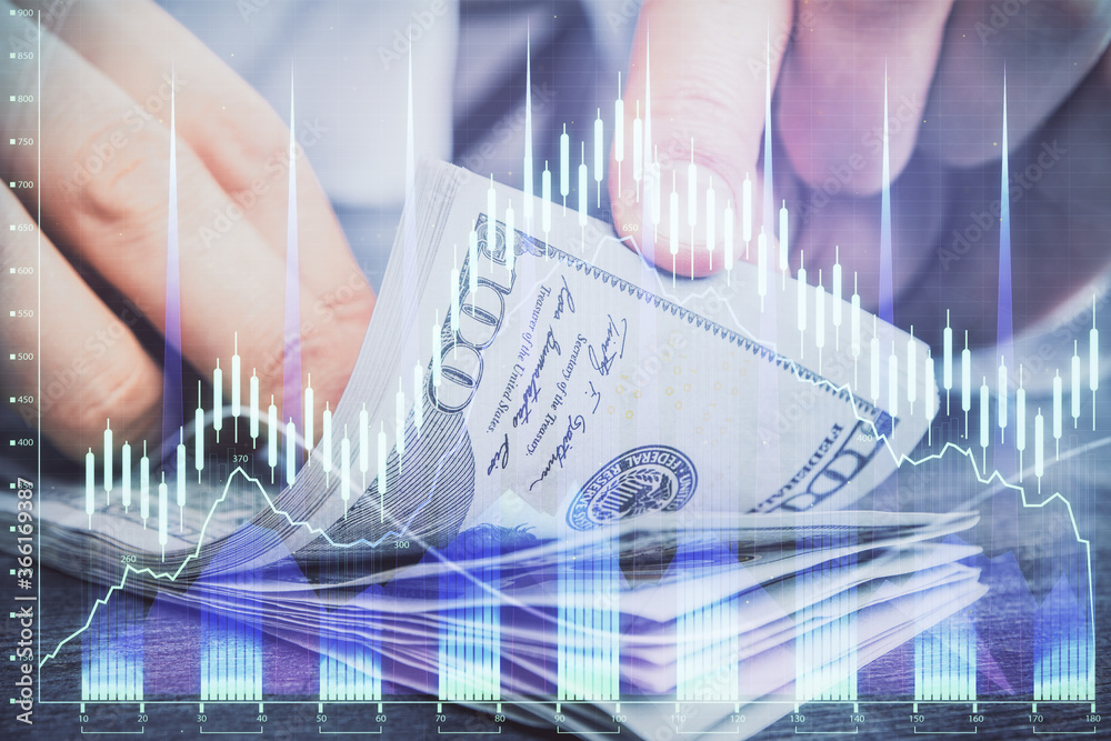Poster multi exposure of forex graph drawing hologram and usa dollars bills and man hands. technical analys