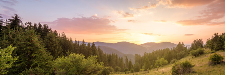 Beautiful summer landscape in the mountains with the sun at dawn