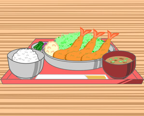トレーにのった一口とんかつ一口ひれかつとエビフライの定食味噌汁と漬物セットのイラスト Wall Mural Mitiko