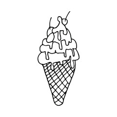 Isolated ice cream in waffle cone with one cherry on the top Black and white. Vector hand drawn illustration in doodle style. . Can use for menu, greeting card, websites, poster, product design.