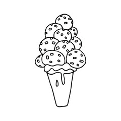 ice cream black and white isolated. Beautiful hand drawn ice cream Illustration.icon with ice cream balls.ice cream a lot of balls with powder.ice cream logo,sign,icon,banner,logo for ice cream shop 