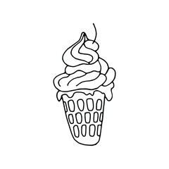 Isolated ice cream in waffle cone with one cherry on the top. Vector hand drawn illustration in doodle style. Black and white. Can use for menu, greeting card, websites, poster, product design.