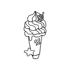Blackberry ice cream in waffle cone isolated black and white Doodle ice cream with raspberries icon isolated on white.Symbol summer.illustration for t shirt design.sticker or badge, icon,card, banner
