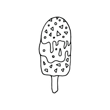 ice cream with nuts logo icon. Hand drawn doodle of ice cream choc-ice with nuts. Cartoon sketch. Decoration for menus, signboards, showcases, greeting cards, posters, web banner, wallpapers