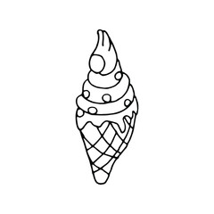 hand drawn one ice cream isolated. Ice Cream Cone Drawing. hand drawn one ice cream isolated black and white. Ice cream logo , icon web , sign banner. 