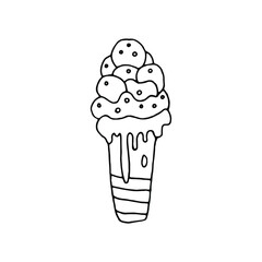 Isolated ice cream in waffle cone. Vector hand drawn illustration in doodle style. Black and white. Can use for menu, greeting card, websites, product design.