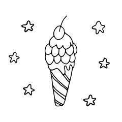 Isolated ice cream in waffle cone with one cherry on the top.Vector hand drawn illustration in doodle style. Black and white.Can use for menu, greeting card, websites, poster, product design.