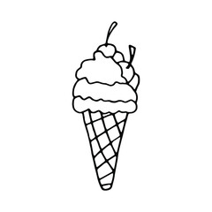 Isolated ice cream in waffle cone with one cherry on the top Black and white. Vector hand drawn illustration in doodle style. . Can use for menu, greeting card, websites, poster, product design.