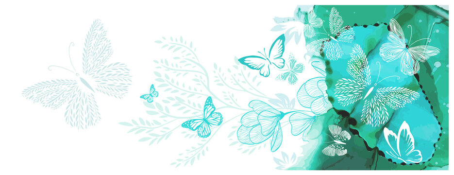 White butterflies on a watercolor emerald background. Mixed media. Vector illustration