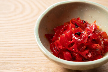 Japanese pickles. Red Fukujinzuke.sliced vegetables pickled in soy sauce.