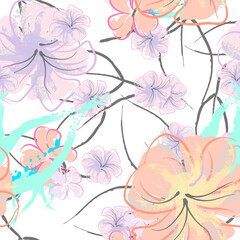 Pink Flowers Blooming Pattern. Pastel Watercolor.