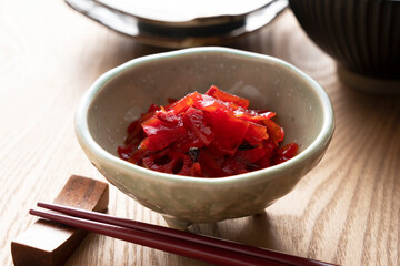 Japanese pickles. Red Fukujinzuke.sliced vegetables pickled in soy sauce.