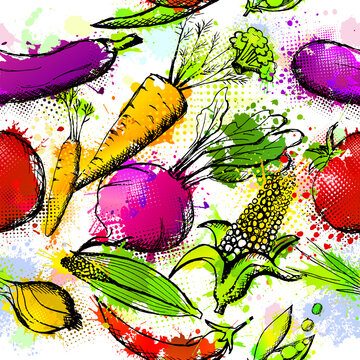 Set of vegetables from blots. Vegetables seamless pattern. Vector illustration
