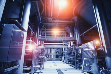 Industrial brewery factory interior in abstract blue color. Large steel tanks and pipes. Industry...