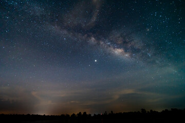 beautiful, wide blue night sky with stars and Milky way galaxy. Astronomy, orientation, clear sky concept and background.