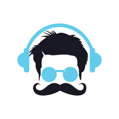 Hipster Men Face with Mustache and Headphone, Retro Music Poster Illustration.